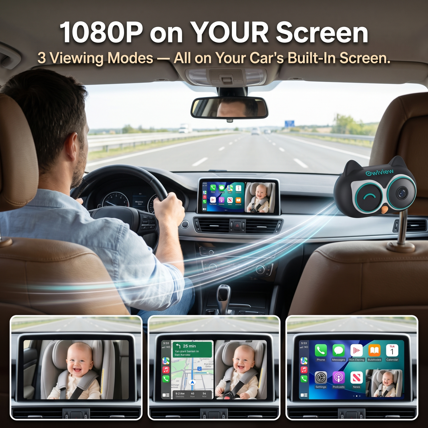 The Owlview™ 2-in-1 Baby Car Camera & Wireless CarPlay Adapter