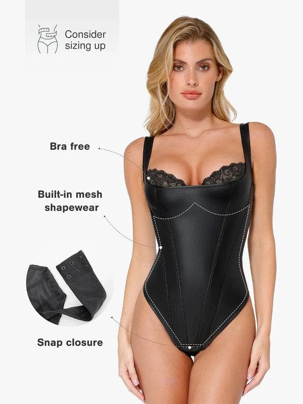 TrueHold Faux Leather Lace Corset Bodysuit
