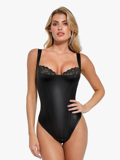 TrueHold Faux Leather Lace Corset Bodysuit