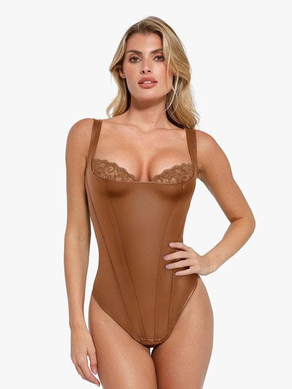 TrueHold Faux Leather Lace Corset Bodysuit