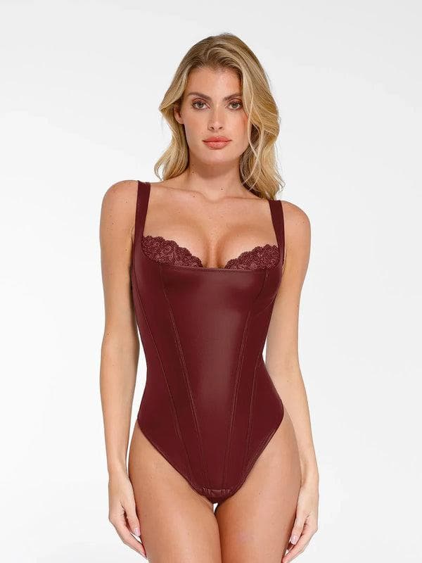 TrueHold Faux Leather Lace Corset Bodysuit